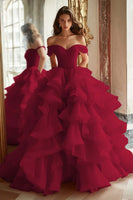 Load image into Gallery viewer, Pink Ball Gown Tulle Off the Shoulder Tiered Long Prom Dress