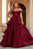 Load image into Gallery viewer, Dark Green Off the Shoulder Satin Long Prom Dress with Ruffles