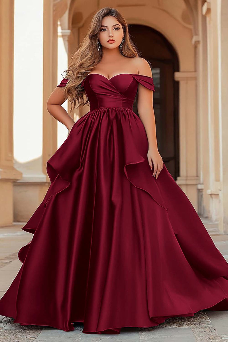 Load image into Gallery viewer, Dark Green Off the Shoulder Satin Long Prom Dress with Ruffles
