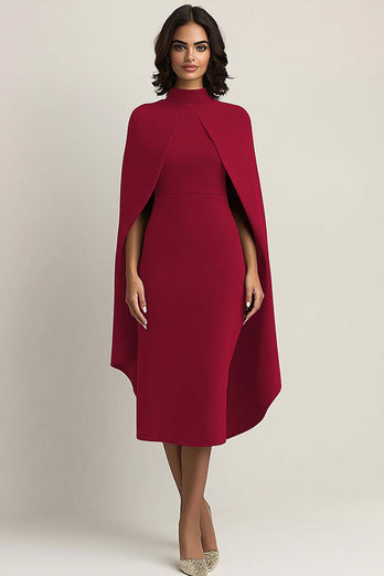 Burgundy High Neck Sheath Long Formal Dress with Shawl