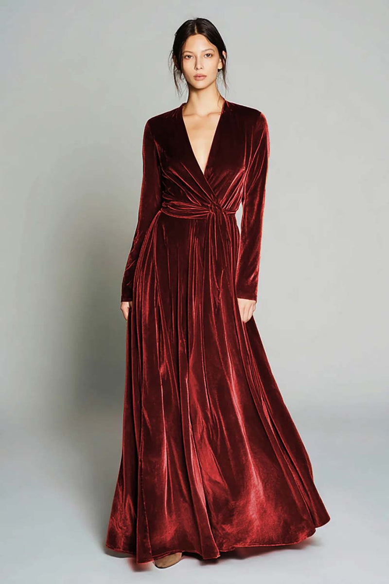 Load image into Gallery viewer, Brown Pleated Velvet A Line Long Sleeves Holiday Party Dress
