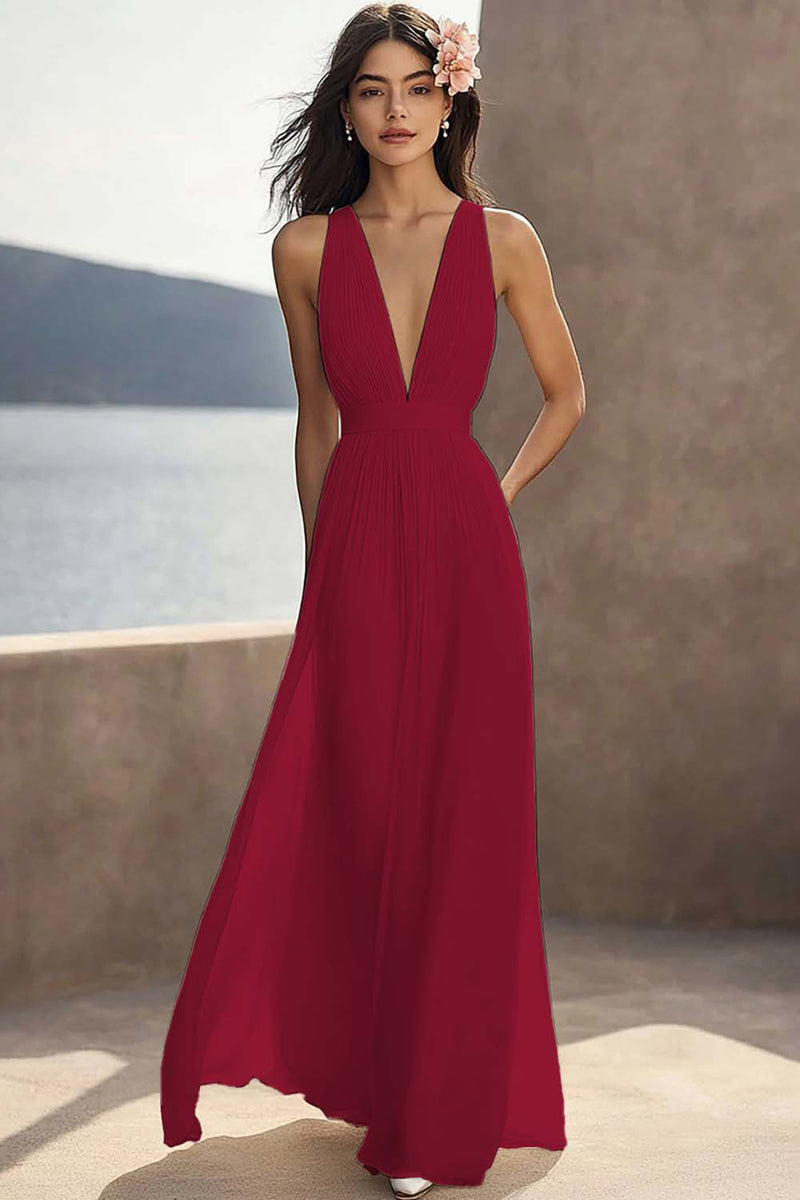 Load image into Gallery viewer, Chiffon Ivory Deep V-Neck Ruched Beach Maxi Engagement Dress