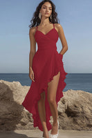 Load image into Gallery viewer, Dusty Rose Chiffon Ruffled V-Neck High-Low Formal Dress