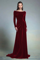 Load image into Gallery viewer, Dark Green Bateau Neck Velvet Long Formal Dress with Sleeves