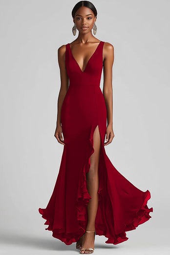Black Chiffon Mermaid V Neck Long Formal Dress with Slit