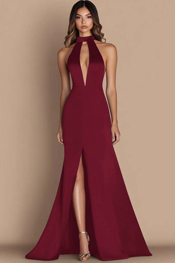 Simple Halter Satin Keyhole Long Black Tie Dress with Slit