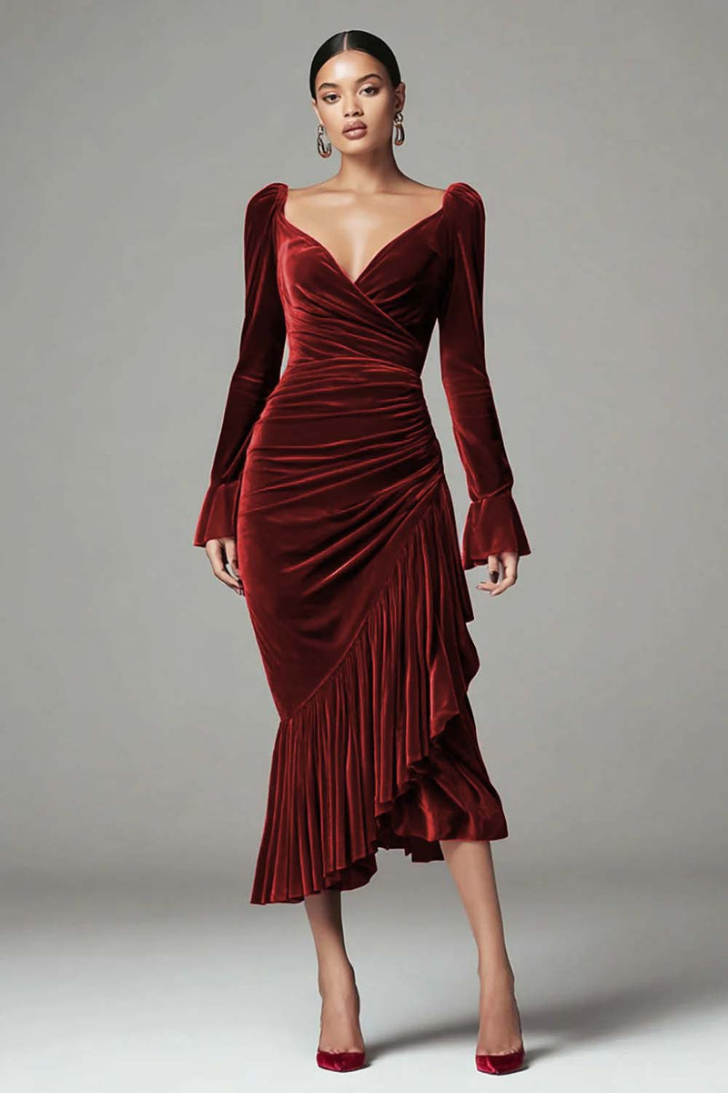 Load image into Gallery viewer, Burgundy Mermaid Ruched Velvet Holiday Party Dress with Ruffles