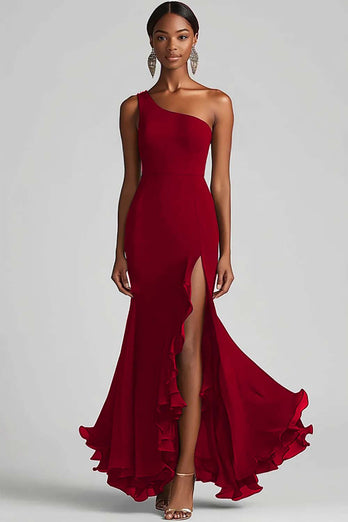 Ink Blue Mermaid Ruffled Chiffon Long Formal Dress with Slit