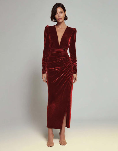 Olive Sheath Deep V-Neck Velvet Long Holiday Party Dress with Sleeves