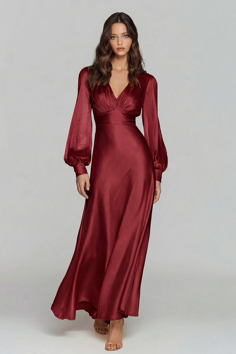Load image into Gallery viewer, Champagne Satin V-Neck Backless Long Sleeves Evening Dress