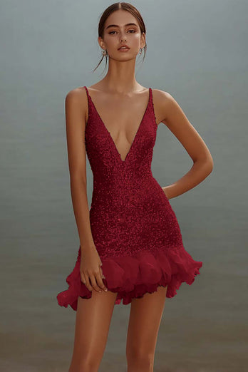 Sparkly White Bodycon Sequins V-Neck Graduation Dress with Ruffles