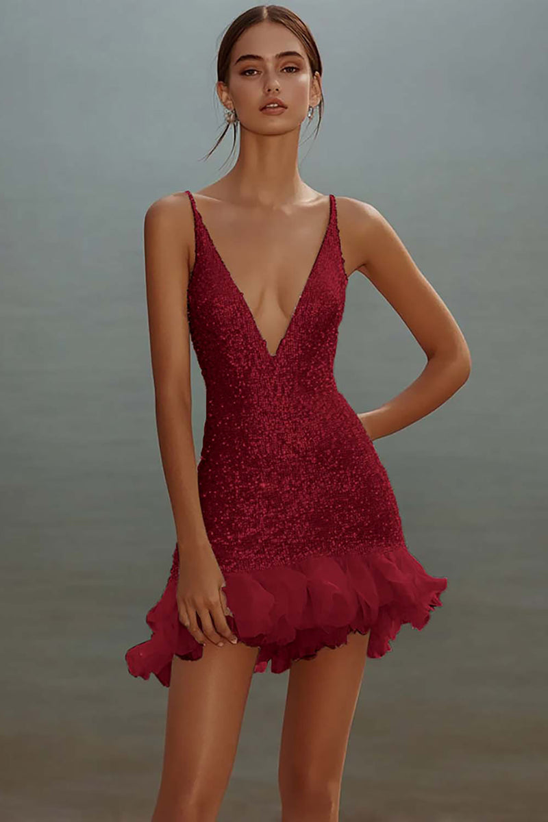 Load image into Gallery viewer, Sparkly White Bodycon Sequins V-Neck Graduation Dress with Ruffles