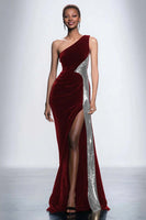 Load image into Gallery viewer, Black Velvet One Shoulder Mermaid Maxi Holiday Party Dress with Sequins