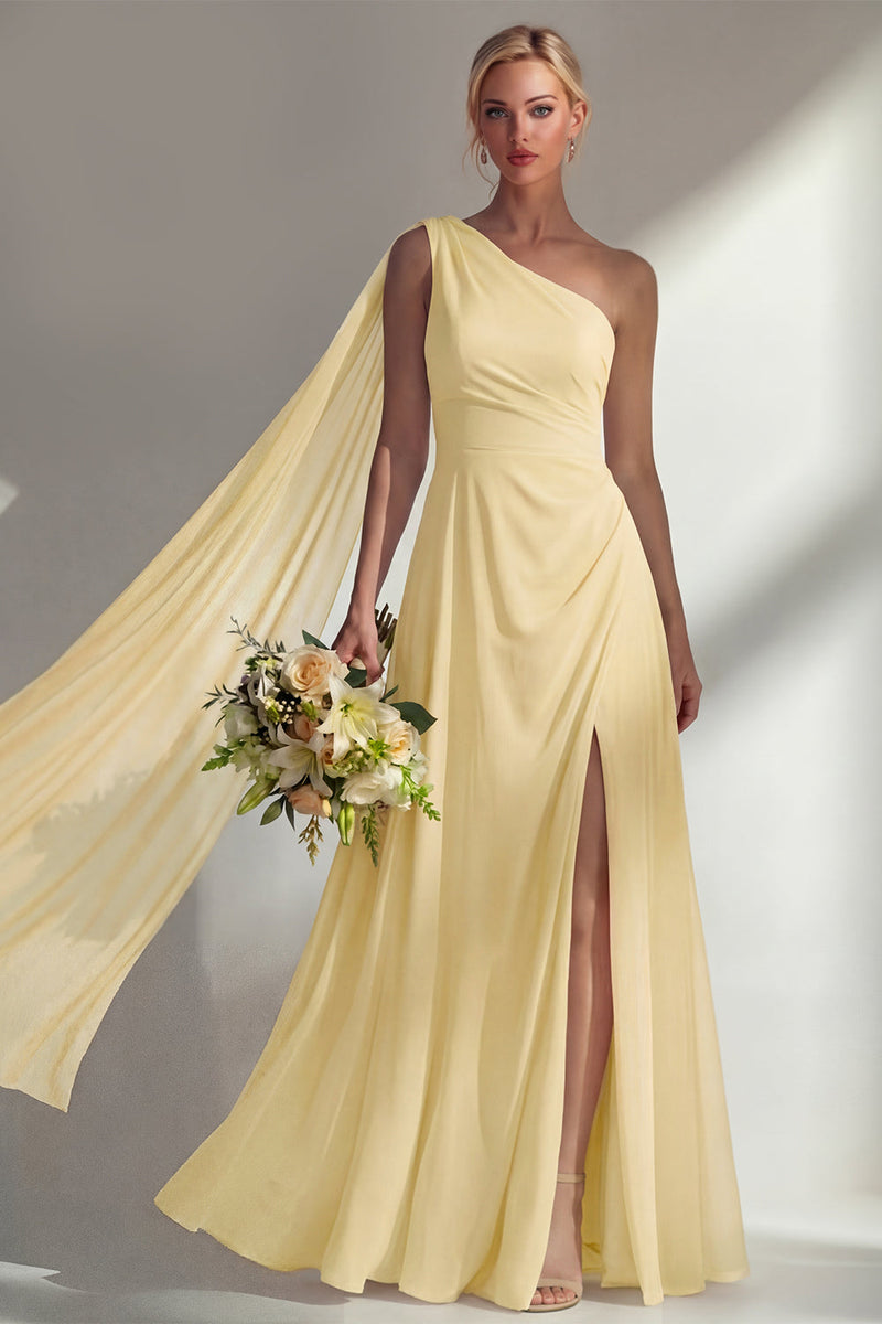 Load image into Gallery viewer, Burgundy One Shoulder Ruched A Line Long Beach Wedding Guest Dress with Side Cape