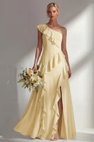 Load image into Gallery viewer, Mint One shoulder Ruffled A Line Long Beach Wedding Guest Dress with Slit