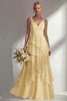 Load image into Gallery viewer, V-Neck Lilac A Line Long Beach Wedding Guest Dress with Ruffles