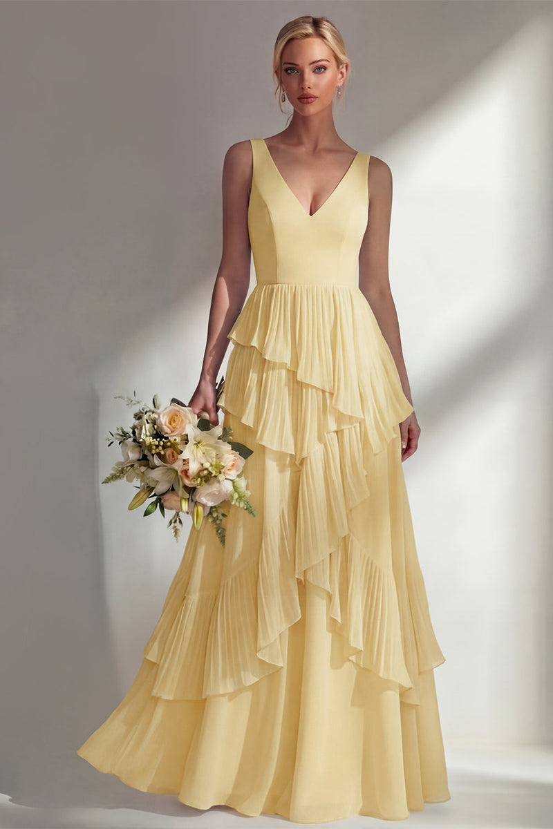 Load image into Gallery viewer, V-Neck Lilac A Line Long Beach Wedding Guest Dress with Ruffles