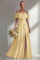 Load image into Gallery viewer, Off the Shoulder Ruffled A Line Burgundy Long Beach Wedding Guest Dress with Slit
