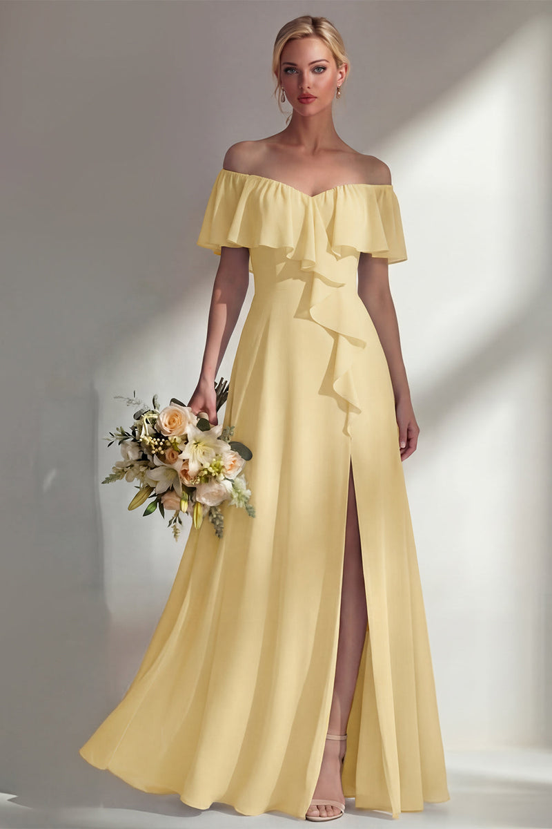 Load image into Gallery viewer, Off the Shoulder Ruffled A Line Burgundy Long Beach Wedding Guest Dress with Slit