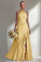 Load image into Gallery viewer, A Line High Neck Butter Yellow Ruffled Long Beach Wedding Guest Dress with Slit