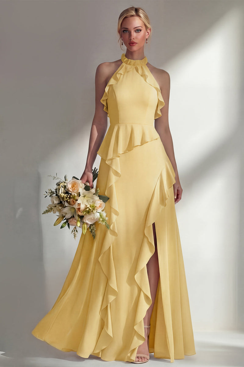 Load image into Gallery viewer, A Line High Neck Butter Yellow Ruffled Long Beach Wedding Guest Dress with Slit