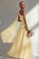 Load image into Gallery viewer, Burgundy One Shoulder Ruched A Line Long Beach Wedding Guest Dress with Side Cape