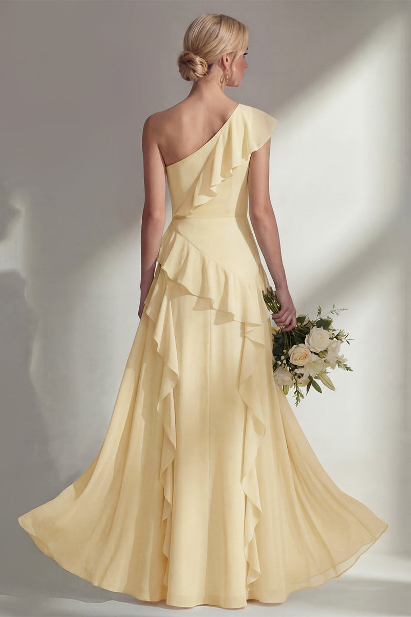 Load image into Gallery viewer, Mint One shoulder Ruffled A Line Long Beach Wedding Guest Dress with Slit