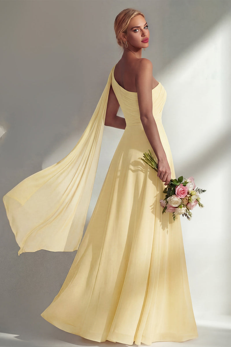 Load image into Gallery viewer, Burgundy One Shoulder Ruched A Line Long Beach Wedding Guest Dress with Side Cape
