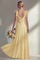 Load image into Gallery viewer, Emerald Boat Neck A Line Long Beach Wedding Guest Dress with Ruffles