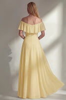 Load image into Gallery viewer, Off the Shoulder Ruffled A Line Burgundy Long Beach Wedding Guest Dress with Slit