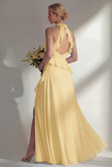 A Line High Neck Butter Yellow Ruffled Long Beach Wedding Guest Dress with Slit