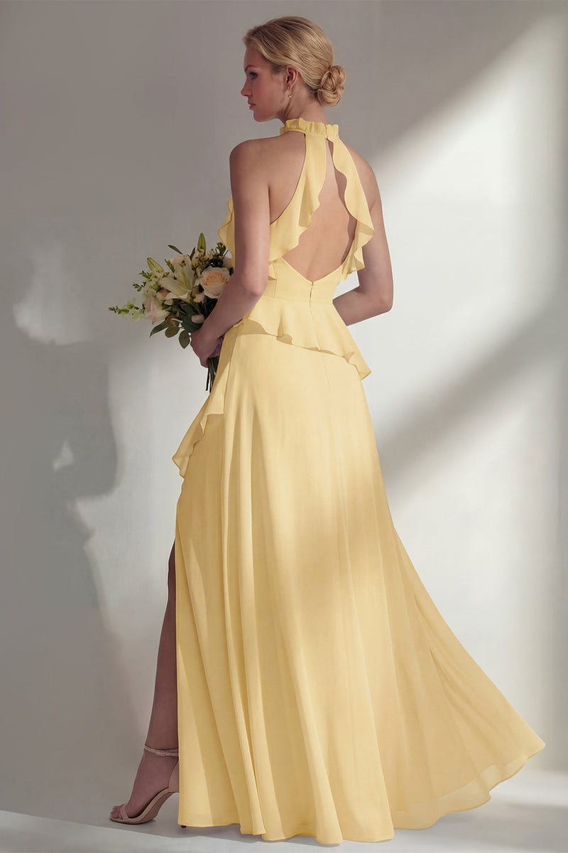 Load image into Gallery viewer, A Line High Neck Butter Yellow Ruffled Long Beach Wedding Guest Dress with Slit