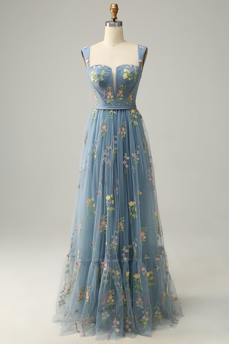 Load image into Gallery viewer, A-Line Purple Long Prom Dress with Embroidery