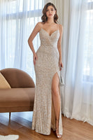 Load image into Gallery viewer, Silver Sequins Long Prom Dress with Slit
