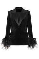 Load image into Gallery viewer, Black Velvet Peak Lapel Women Coat with Feathers