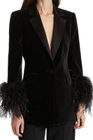 Load image into Gallery viewer, Black Velvet Peak Lapel Women Coat with Feathers