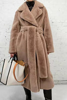 Load image into Gallery viewer, Khaki Faux Fur Shearling Long Open Front Coat with Belt