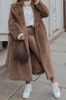 Load image into Gallery viewer, Khaki Faux Fur Shearling Long Open Front Coat with Belt