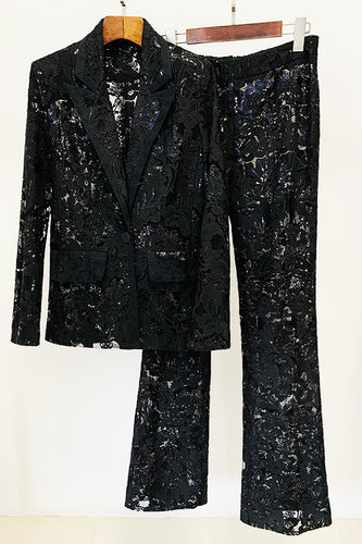 Sparkly Black Lace 2 Piece Women Party Suits