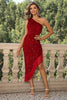Load image into Gallery viewer, One Shoulder Sequins Black Short Prom Dress with Fringes