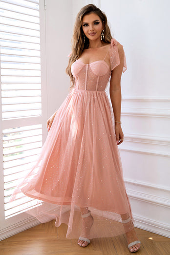 A-Line Tulle Blush Corset Prom Dress