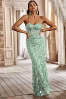 Load image into Gallery viewer, Mermaid Spaghetti Straps Sage Corset Prom Dress