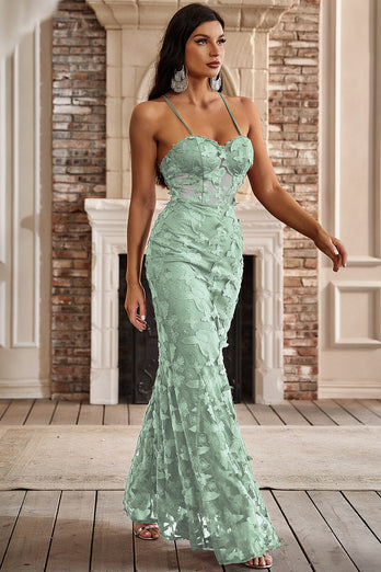 Mermaid Spaghetti Straps Sage Corset Prom Dress