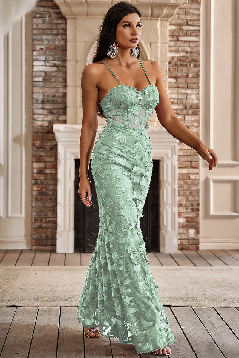 Load image into Gallery viewer, Mermaid Spaghetti Straps Sage Corset Prom Dress