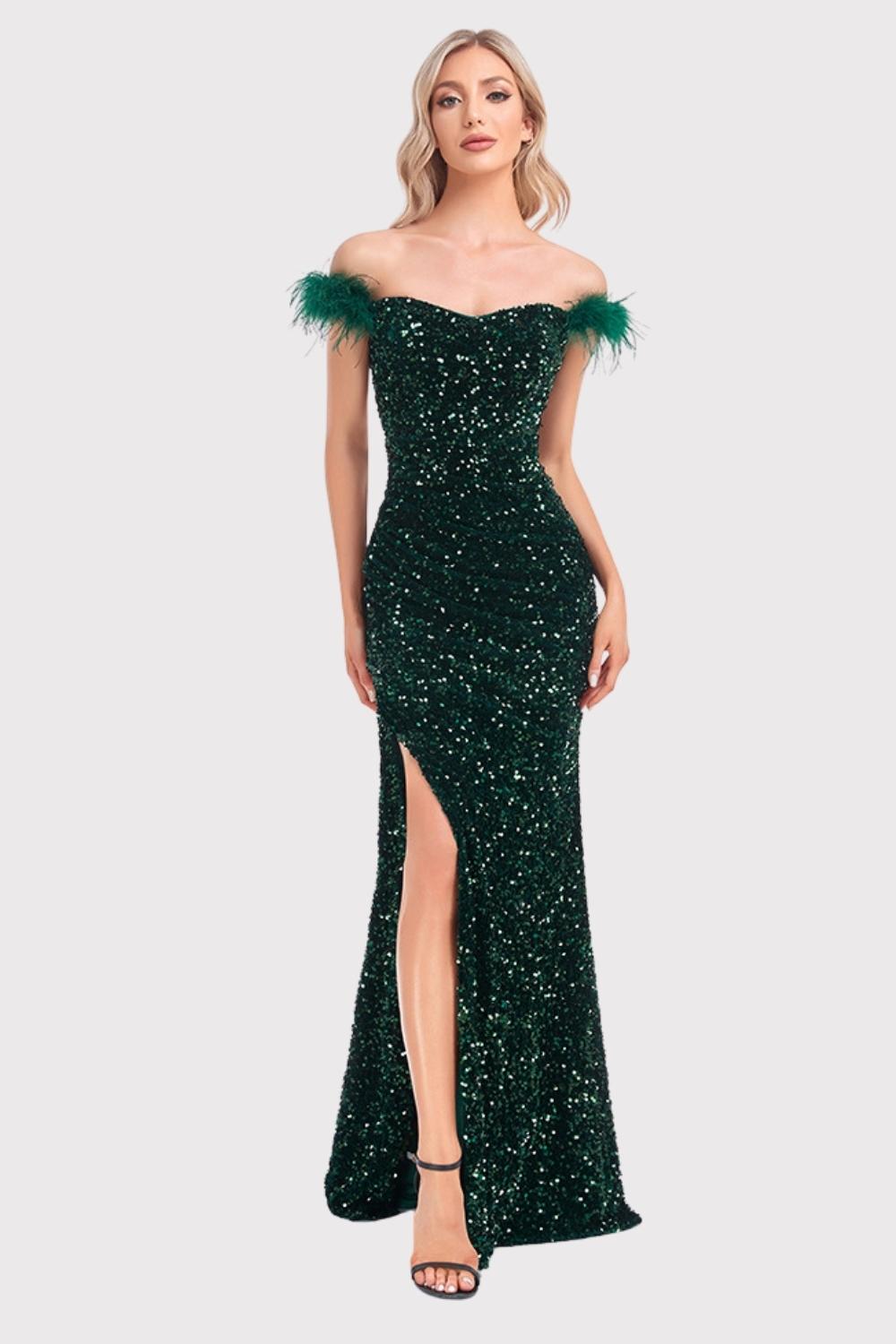 Mermaid Off The Shoulder Sequins Dark Green Prom Dress with Feathers