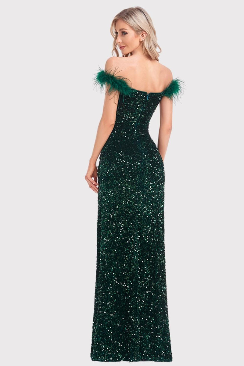 Load image into Gallery viewer, Mermaid Off The Shoulder Sequins Dark Green Prom Dress with Feathers