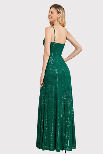 Glitter A-Line Spaghetti Straps Green Long Prom Dress