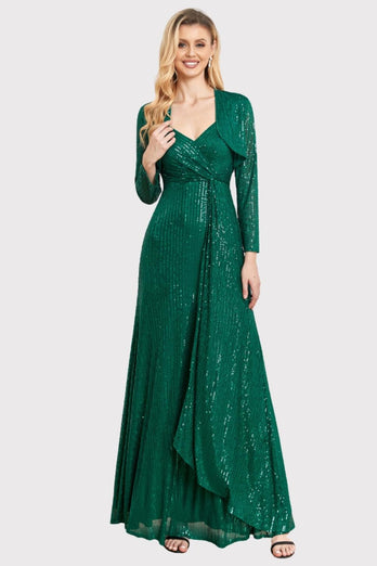 A-Line Sequins Green Long Prom Dress with Long Sleeves