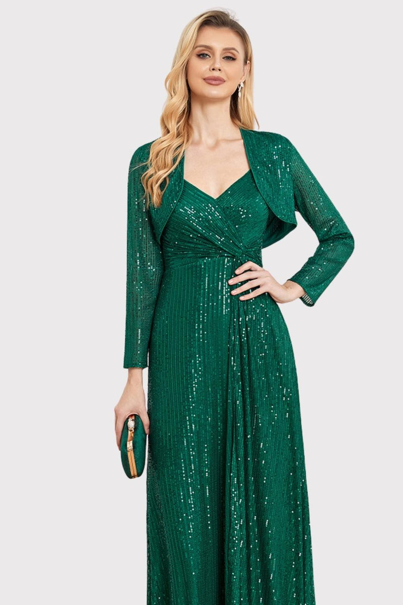 Load image into Gallery viewer, A-Line Sequins Green Long Prom Dress with Long Sleeves