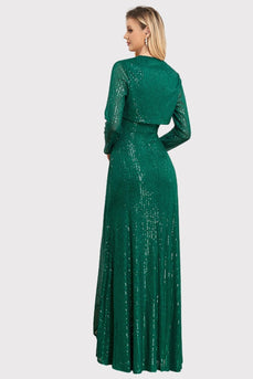 A-Line Sequins Green Long Prom Dress with Long Sleeves